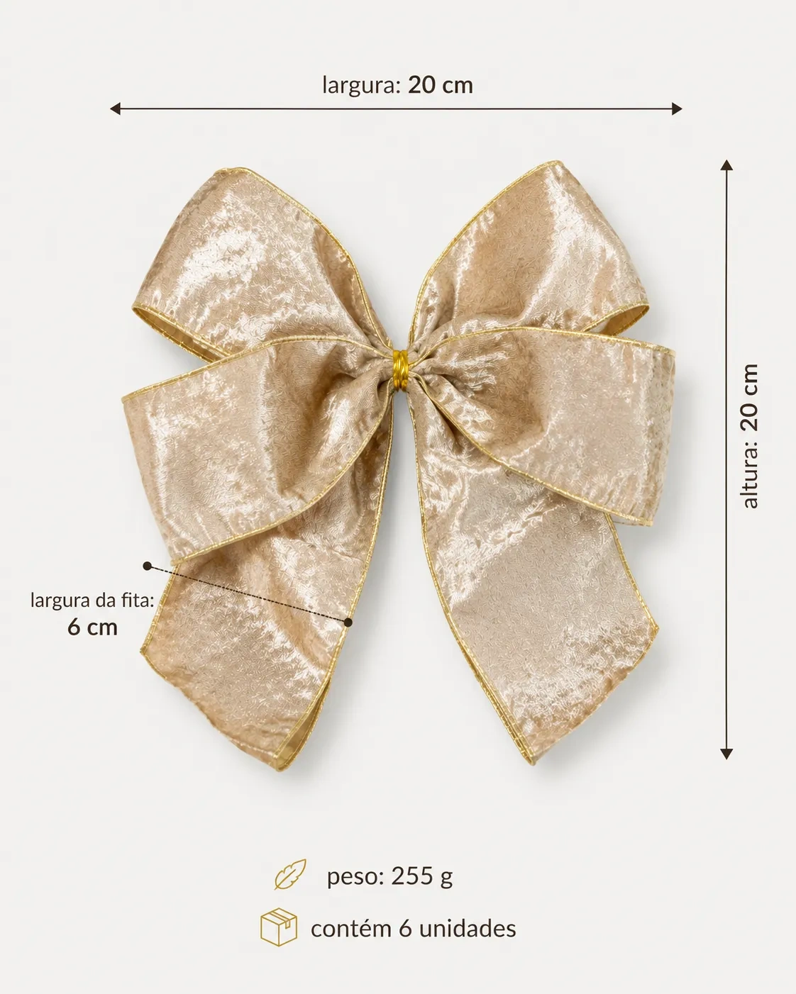 Laços para Árvore de Natal Champagne com Borda Dourada | Kit com 6 Peças 6