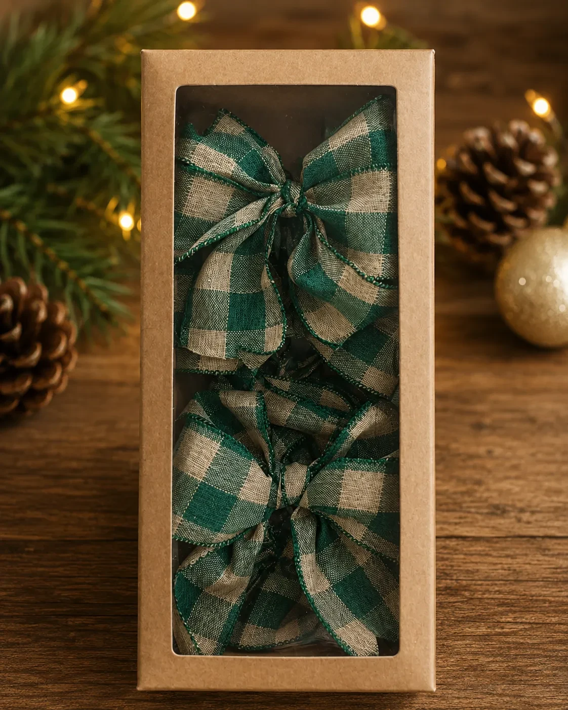 Laço para Árvore de Natal Xadrez, Verde e Bege | Kit com 7 Peças