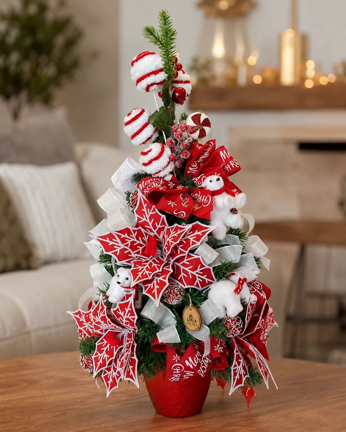 Árvore Pequena de Natal Encanto da Neve com Ursos Polares e Poinsettias 2