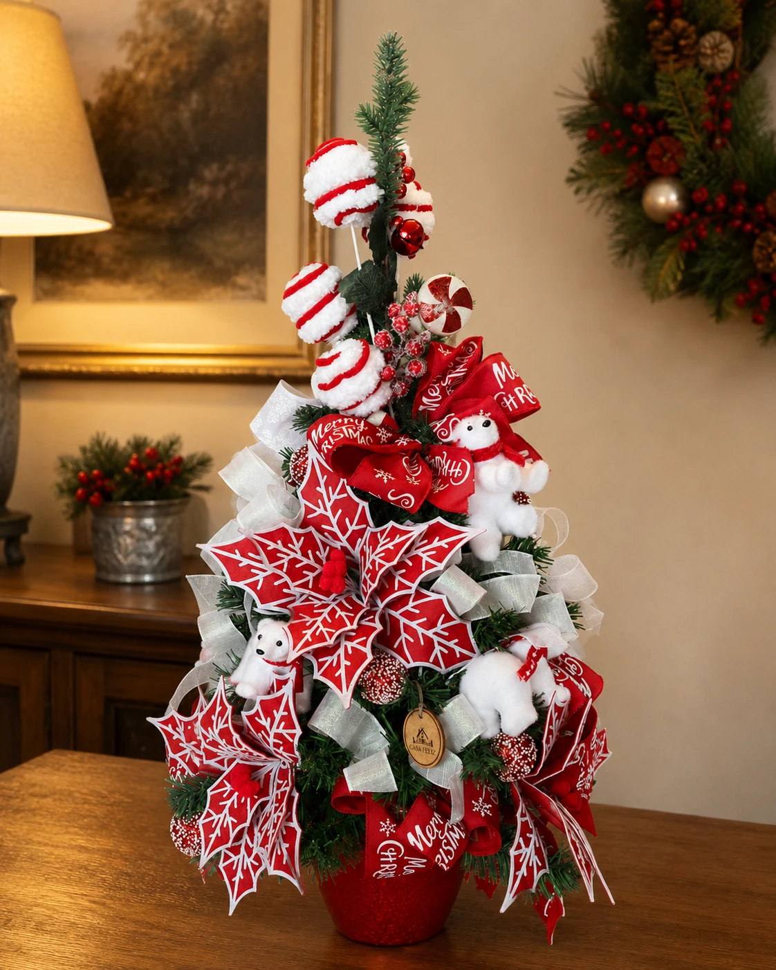 Árvore Pequena de Natal Encanto da Neve com Ursos Polares e Poinsettias 3