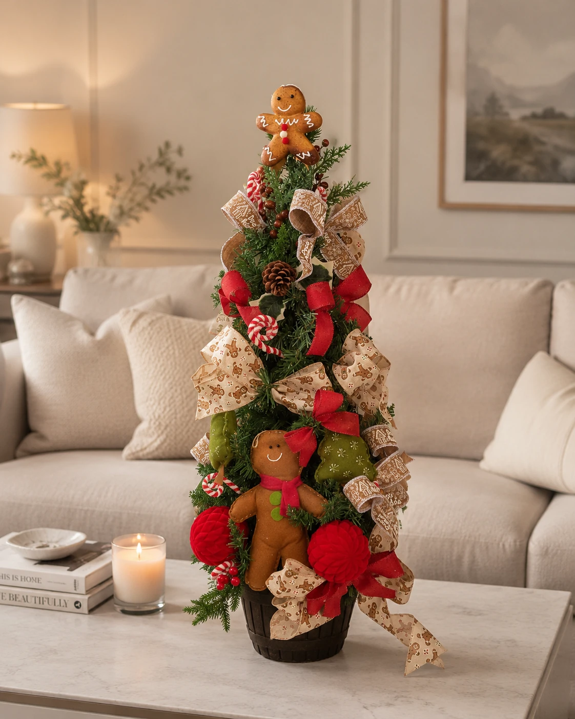 Árvore Pequena de Natal Gingerbread com Biscoitos, Doces e Laços