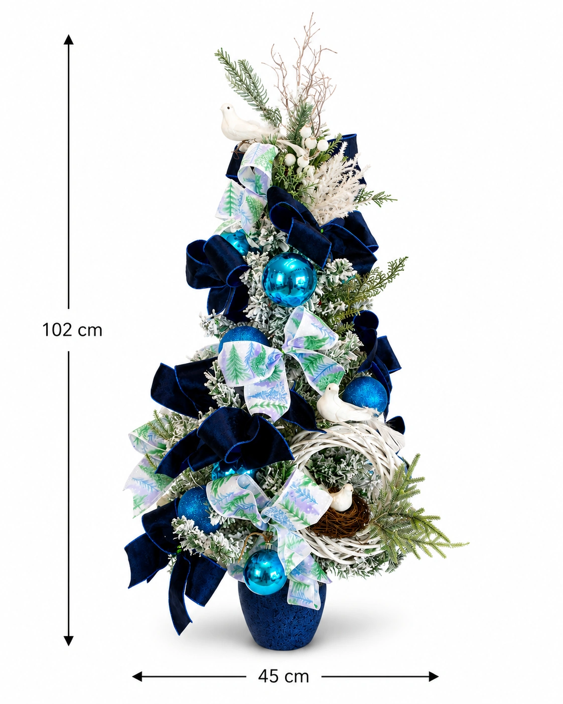 Árvore Pequena de Natal Azul Invernal com Pássaros Brancos, Ninho de Vime, Laços de Veludo e Bolas 5