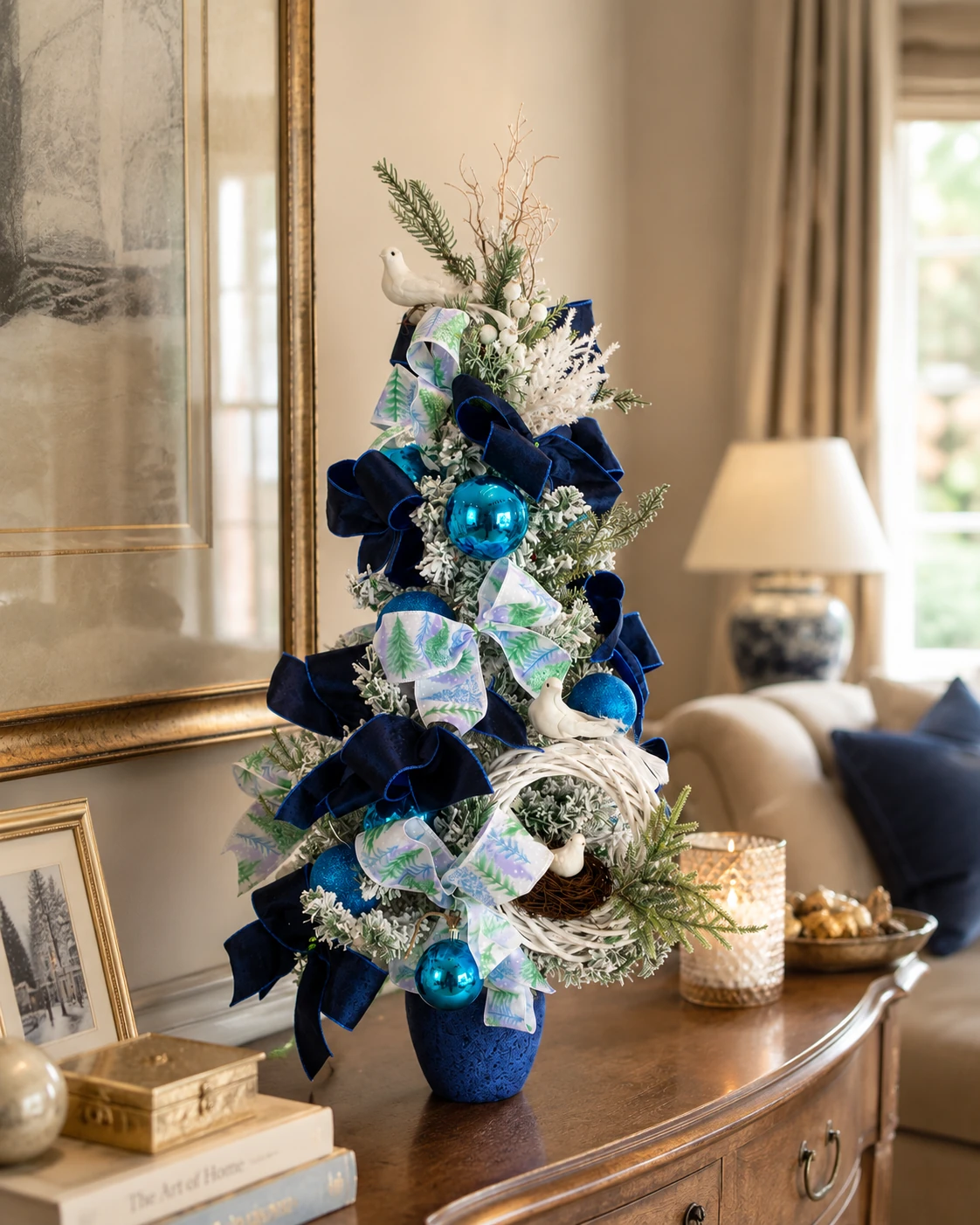 Árvore Pequena de Natal Azul Invernal com Pássaros Brancos, Ninho de Vime, Laços de Veludo e Bolas 3