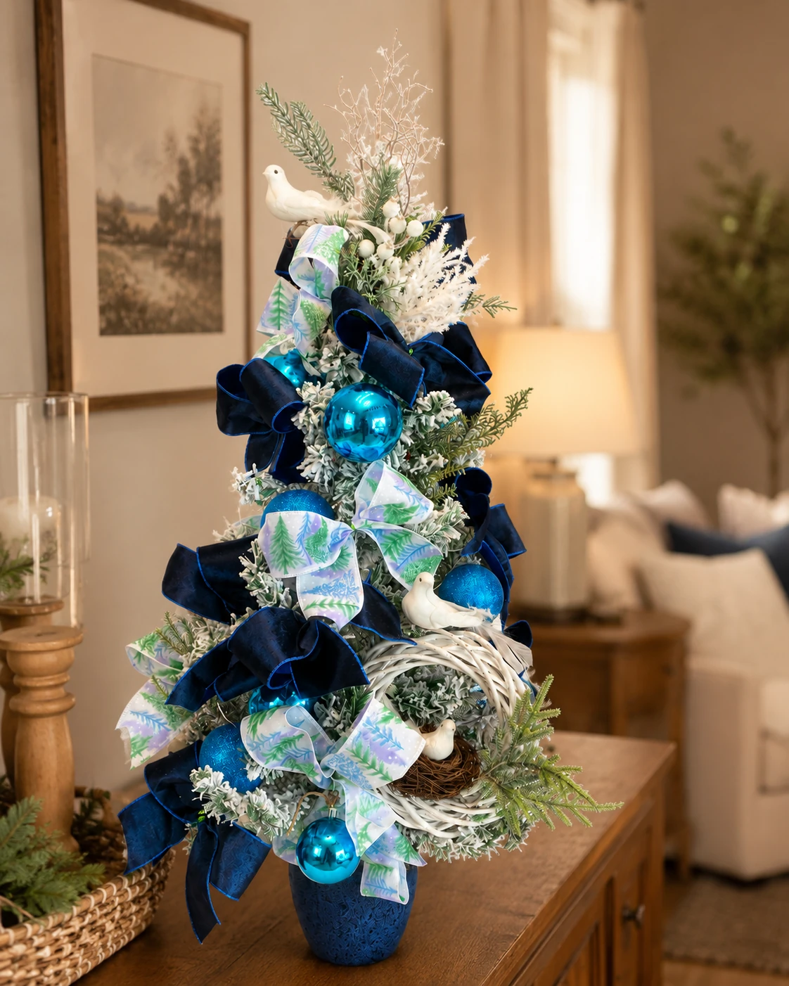 Árvore Pequena de Natal Azul Invernal com Pássaros Brancos, Ninho de Vime, Laços de Veludo e Bolas 2