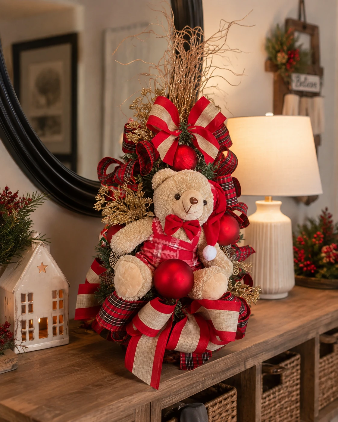 Árvore de Natal decorada com laços xadrez, bolas vermelhas e urso de pelúcia